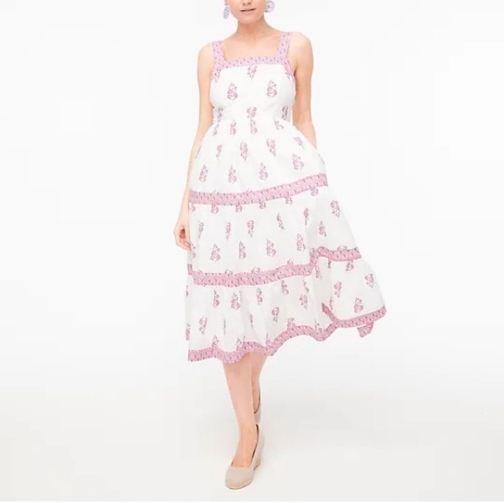 J. Crew White and Pink Midi Dress